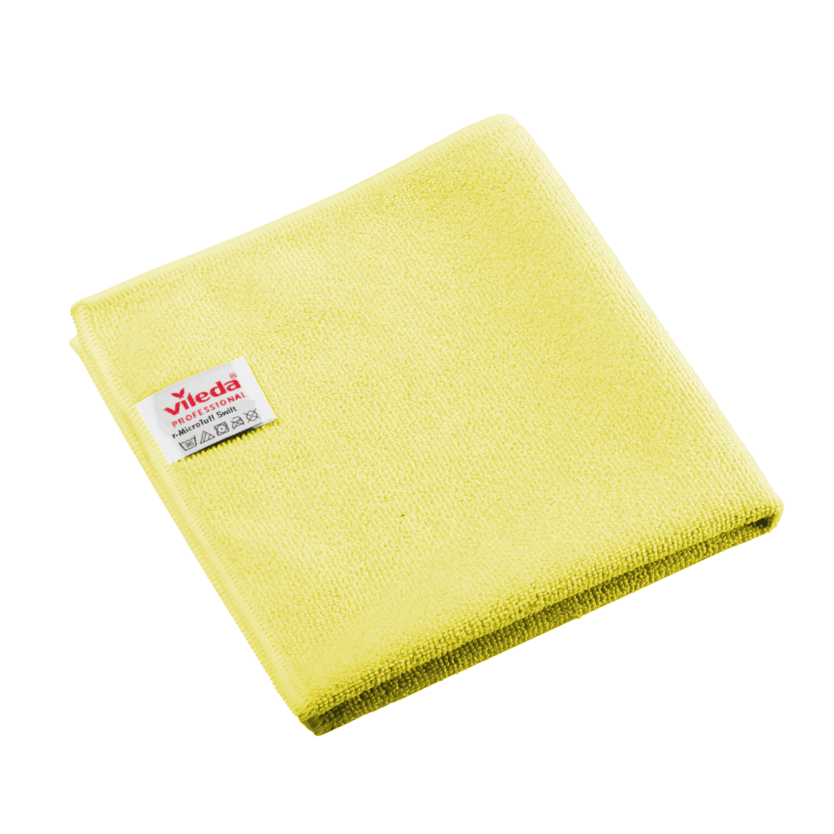 Een opgevouwen geel Vileda Professional r-MicroTuff Swift microvezeldoekje met een ingenaaid wit etiket.