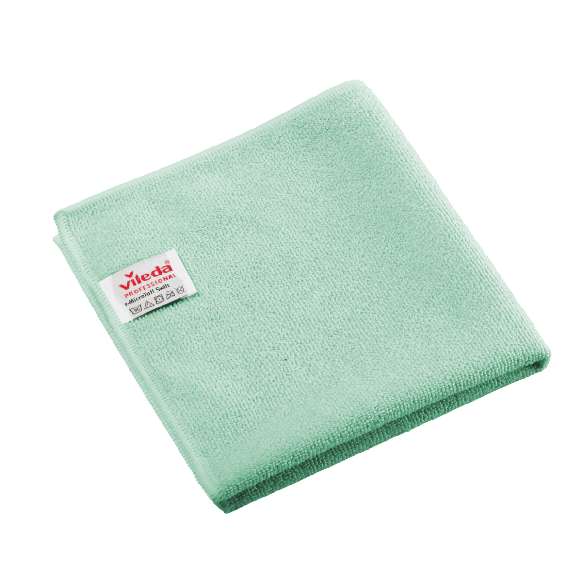 Een gevouwen groene Vileda Professional r-MicroTuff Swift microvezeldoek met een ingenaaid wit etiket.