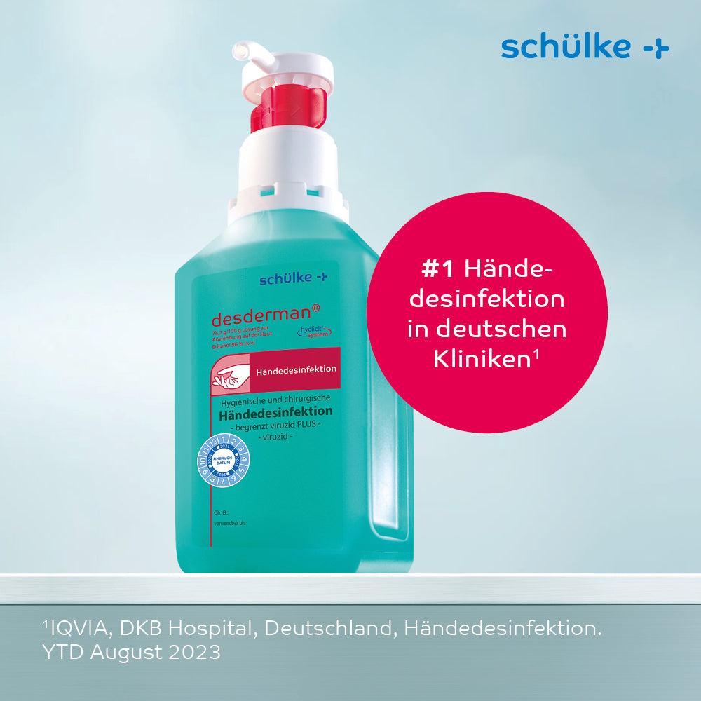 Een fles Schülke desderman® handdesinfectie (zonder kleurstof/parfum) van Schülke & Mayr GmbH, ideaal voor hygiënische desinfectie, biedt comfortabele en effectieve bescherming tegen kiemen.