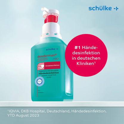 Een fles Schülke desderman® handdesinfectie (zonder kleurstof/parfum) van Schülke & Mayr GmbH, ideaal voor hygiënische desinfectie, biedt comfortabele en effectieve bescherming tegen kiemen.