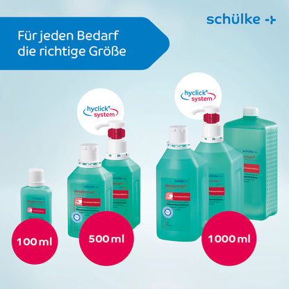 Een groep flessen met rood-witte etiketten, ideaal voor Schülke desderman® handdesinfectie (zonder kleurstof/parfum) van Schülke & Mayr GmbH.