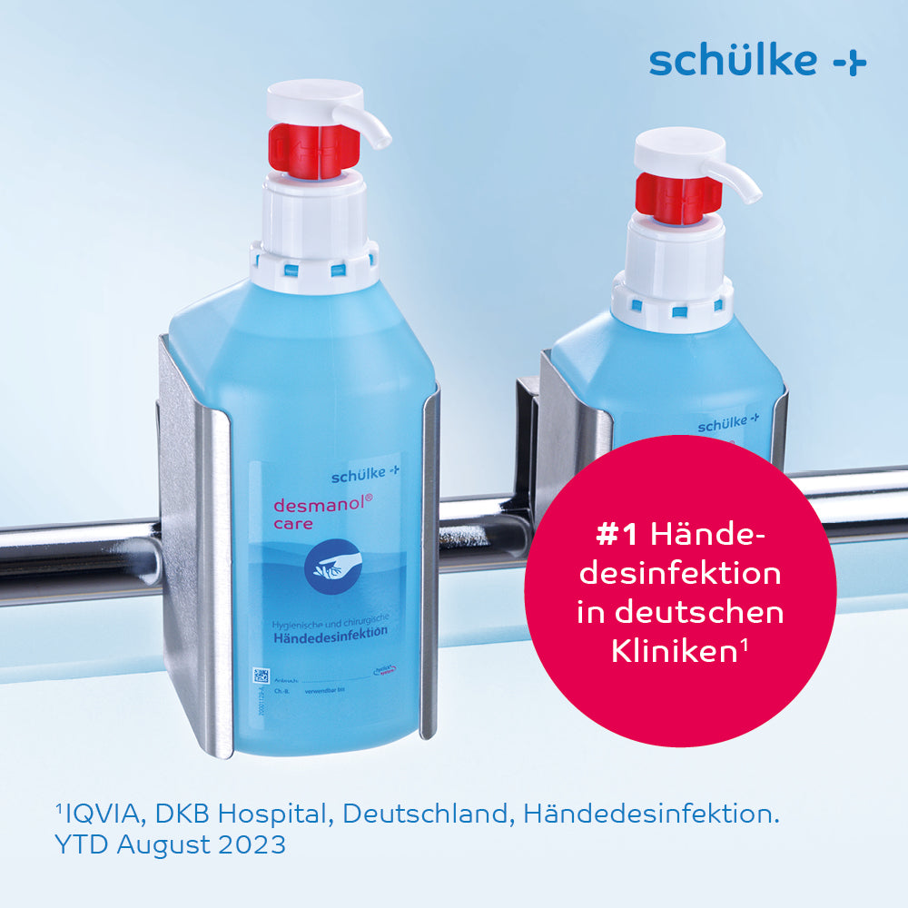 Deux bouteilles de désinfectant pour les mains Schülke desmanol® care de Schülke & Mayr GmbH sont fixées dans des supports métalliques sur un mur. Un cercle rouge contient le texte « #1 désinfection des mains dans les cliniques allemandes¹ ». Le texte en bas indique le contexte des données : « IQVIA, DKB Hospital, Allemagne, désinfection des mains. YTD août 2023 ».