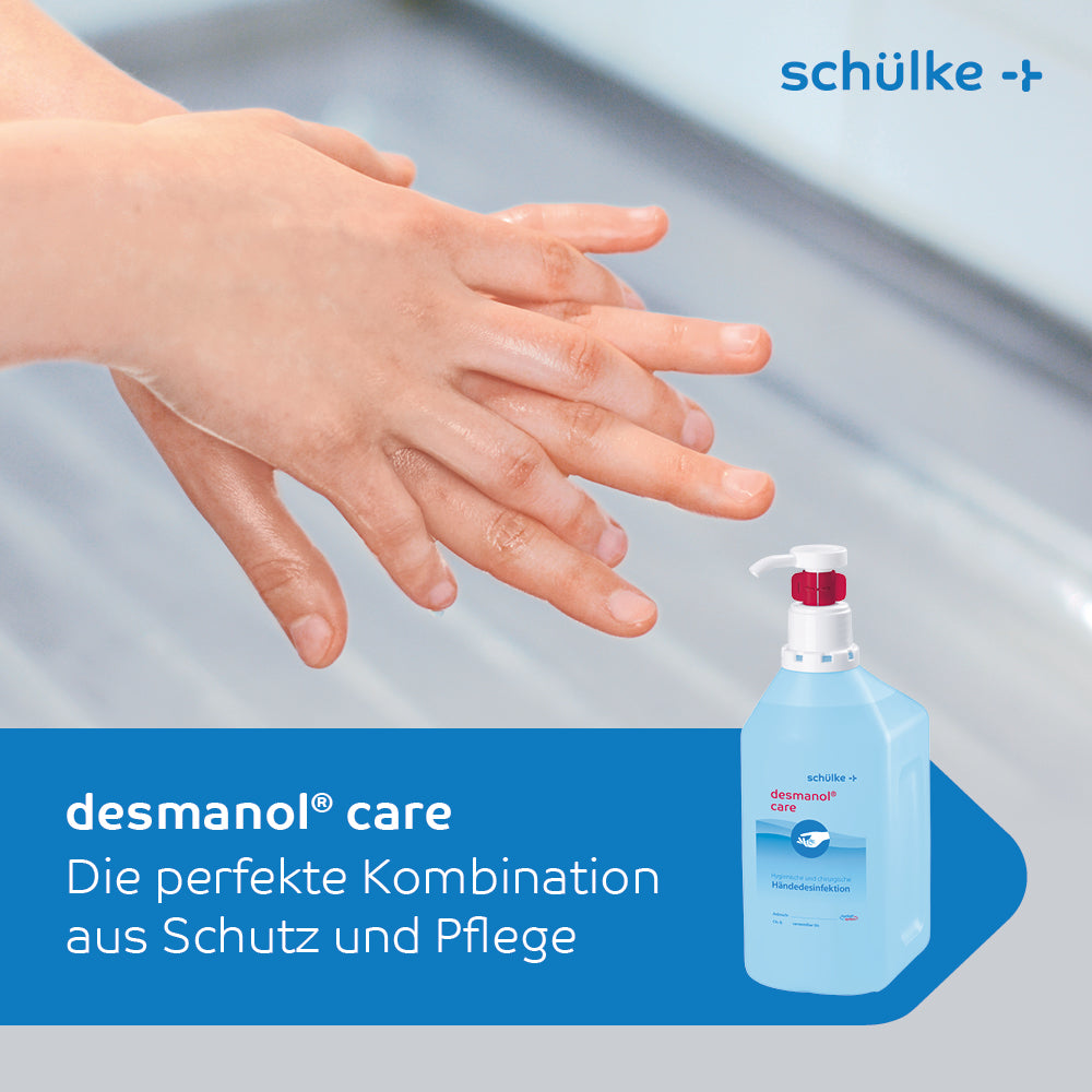 Un lavage des mains avec une pompe et un liquide avec le désinfectant pour les mains Schülke desmanol® care de Schülke & Mayr GmbH.