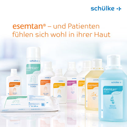 Uitlopend artikel: Schülke esemtan® huidverzorging Waslotion 1 liter hyclick (fles, 1 l) van Schülke & Mayr GmbH is afgebeeld tegen een lichte achtergrond met het Schülke-logo en Duitse tekst erboven.