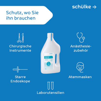 Een afbeelding van een witte fles Schülke gigasept® instru AF instrumentdesinfectie (aldehydevrij) met de merknaam 'Schülke & Mayr GmbH' op een blauwe achtergrond. Rondom de fles zijn symbolen voor chirurgische instrumenten, anesthesiebenodigdheden, ademhalingsmaskers, starre endoscopen en laboratoriumbenodigdheden. De tekst luidt 'Bescherming waar u het nodig heeft.' Endoscopenreiniging eenvoudig gemaakt.