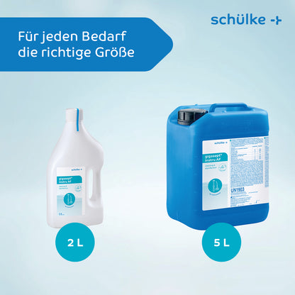 De afbeelding toont twee containers Schülke gigasept® instru AF instrumentdesinfectie (aldehydevrij) met het logo van Schülke & Mayr GmbH. De linker container, ideaal voor endoscopenreiniging, heeft een inhoud van 2 liter en is wit met een blauw etiket, terwijl de rechter container 5 liter inhoud heeft en blauw met een wit etiket is. Beide staan op een lichtblauwe achtergrond. De tekst luidt 'Voor elke behoefte de juiste maat.'