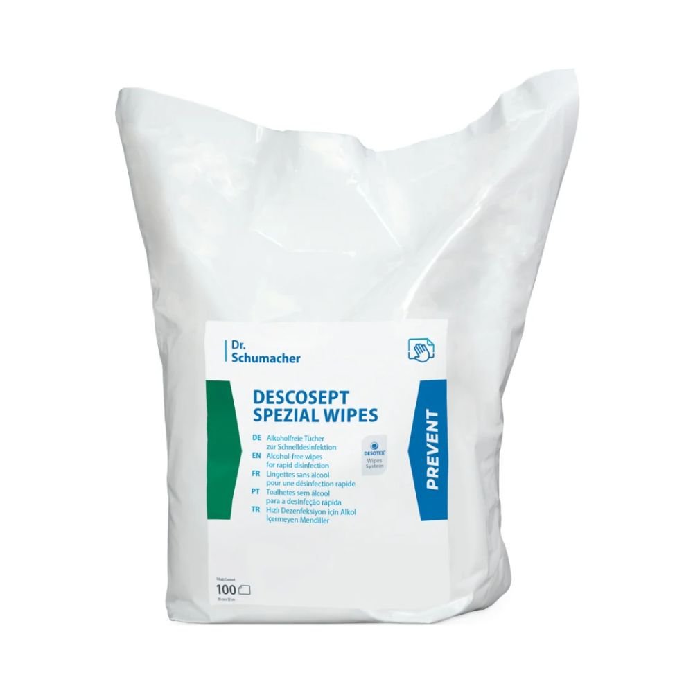 De DESCOSEPT SPEZIAL WIPES van Dr. Schumacher GmbH worden geleverd in een wit-blauwe kunststofverpakking met 100 desinfectiedoekjes en hebben een meertalige handleiding die aangeeft dat deze desinfectiedoekjes onmisbare medische producten zijn voor grondige reinheid.