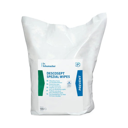 De DESCOSEPT SPEZIAL WIPES van Dr. Schumacher GmbH worden geleverd in een wit-blauwe kunststofverpakking met 100 desinfectiedoekjes en hebben een meertalige handleiding die aangeeft dat deze desinfectiedoekjes onmisbare medische producten zijn voor grondige reinheid.