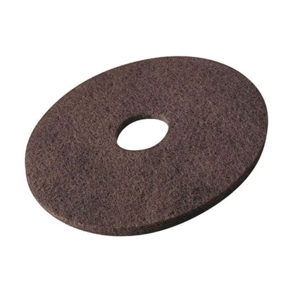 Die Vileda Professional DynaCross Superpads Bodenscheiben von Vileda GmbH sind runde braune Scheuerschwämme mit rauer Struktur und zentralem Loch, ideal für die Bodenpflege. Sie sind für Bodenreinigungsmaschinen konzipiert und bieten eine ausgezeichnete Chemikalienresistenz.
