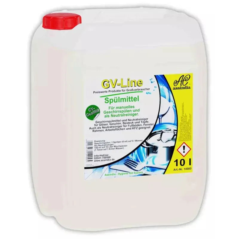 Un conteneur en plastique de 10 litres de GastroPower GV détergent à vaisselle de Abena Re-Seller GmbH, conçu pour le lavage manuel de la vaisselle et le nettoyage - idéal comme nettoyant professionnel pour vaisselle. Livré en 1 paquet (1x10L).