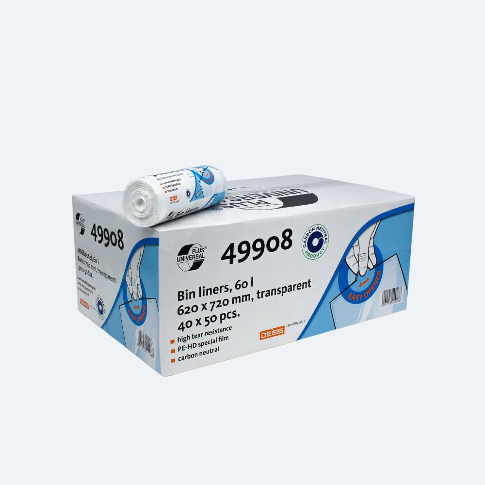 Een karton en een rol transparante DEISS Universal Plus® afvalzakken van 60 liter met de opdruk „49908“, geproduceerd door EMIL DEISS KG (GmbH + Co.). De doos bevat 40 rollen met elk een capaciteit van 60 liter en de afmetingen 620 x 720 mm. De verpakking, gemaakt van HDPE, kenmerkt zich door eigenschappen zoals hoge scheurvastheid en CO2-neutraliteit.