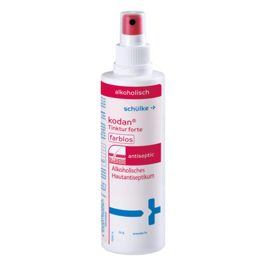 Een fles Schülke kodan® Tinktur forte huidantisepticum, kleurloze antiseptische spray van Schülke & Mayr GmbH met rode sproeidop. Het etiket is in wit, roze en blauw gehouden en toont een Duitse tekst over