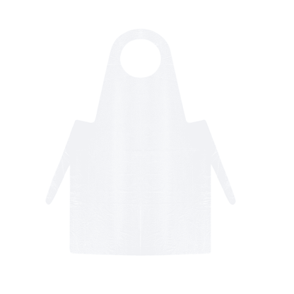 Een eenvoudige, strakke witte schort van LDPE zonder patronen of logo's, afgebeeld in vooraanzicht. De Meditrade PE wegwerpschort (wit) - 100 stuks heeft een halslus en twee lange banden in de taille.