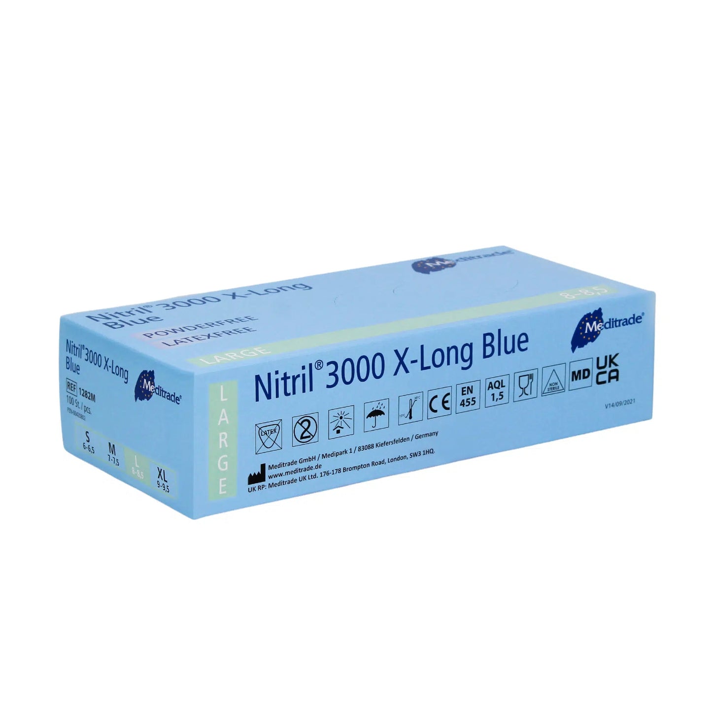 Een doos Meditrade Nitril® 3000 X-Long 100 stuks nitrilhandschoenen extra lang, blauwe extra lange nitrilhandschoenen in grote maat. De verpakking is blauw en wit, gemarkeerd met verschillende certificeringen zoals CE.