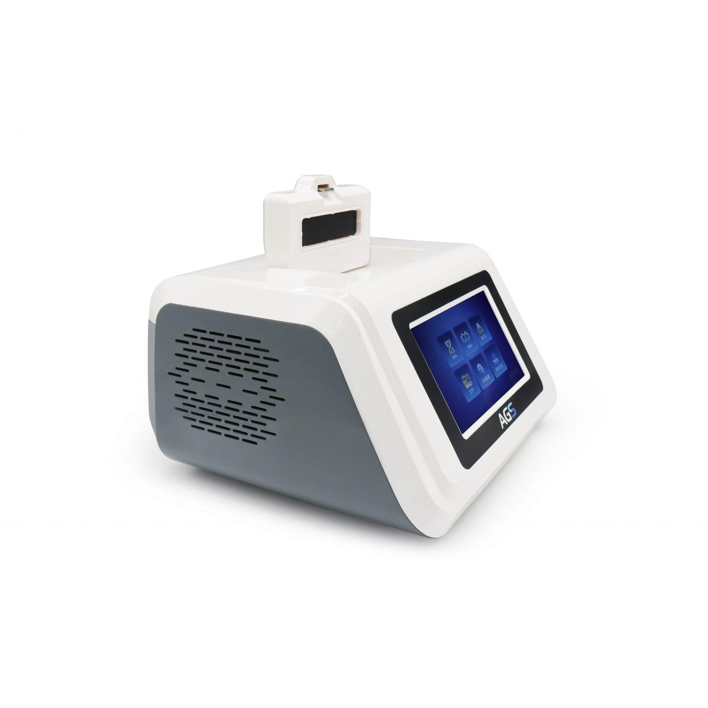 Un appareil moderne portable Altruan PCR Pure Kit – avec un équipement complet avec interface à écran tactile numérique et capteur connecté, conçu à des fins diagnostiques, isolé sur fond blanc.