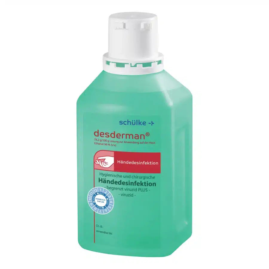 Een fles Schülke desderman® handdesinfectie. De container is lichtgroen met een witte dop en de etiketten bevatten toepassingsinstructies en logo's. (Merknaam: Schülke & Mayr GmbH)