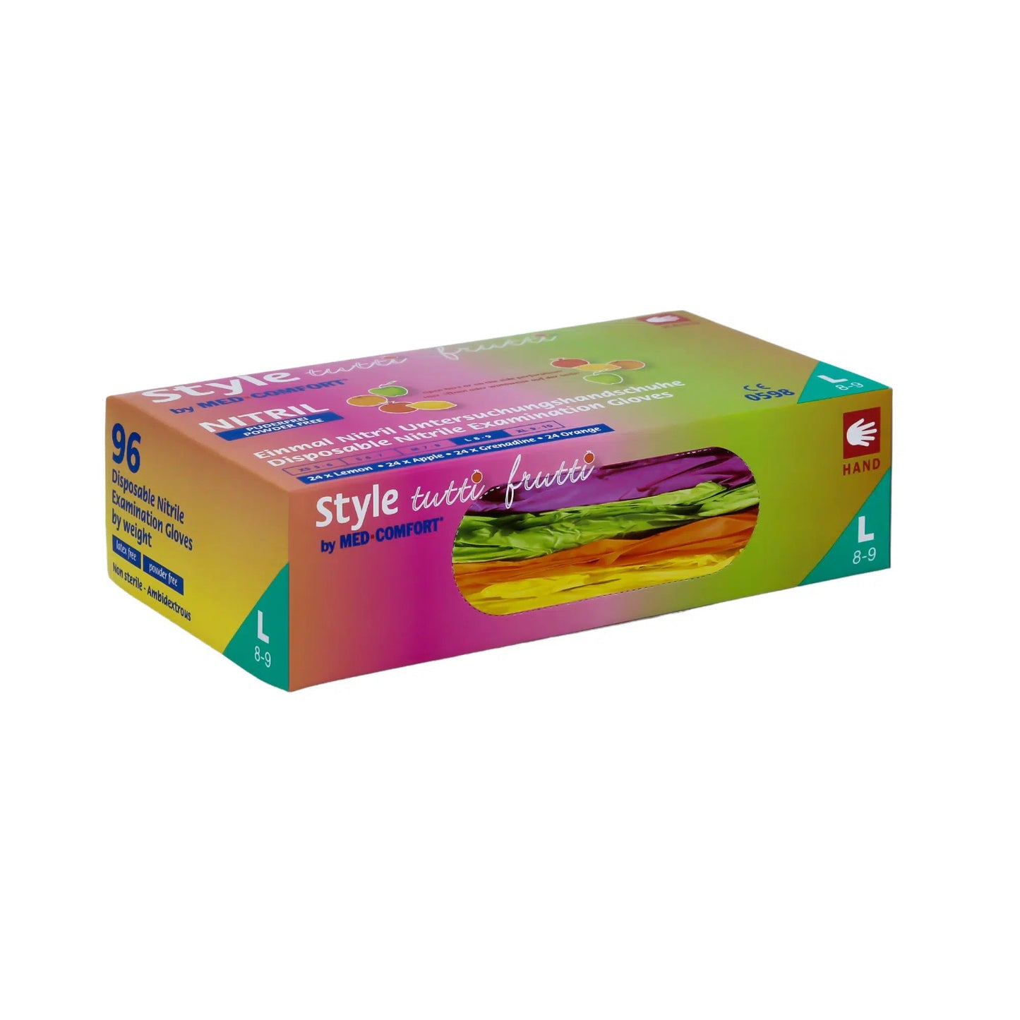 Een rechthoekige doos met AMPri Med-Comfort Bonte Nitrilhandschoenen van AMPri Handelsgesellschaft mbH. De meerkleurige doos heeft een helder venster waardoor de poedervrije, chemisch bestendige nitrilhandschoenen binnenin zichtbaar zijn. Het etiket geeft de maat L (8-9) aan en bevat 96 handschoenen.